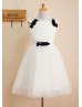 Boat Neckline Satin Tulle Knee Length Flower Girl Dress